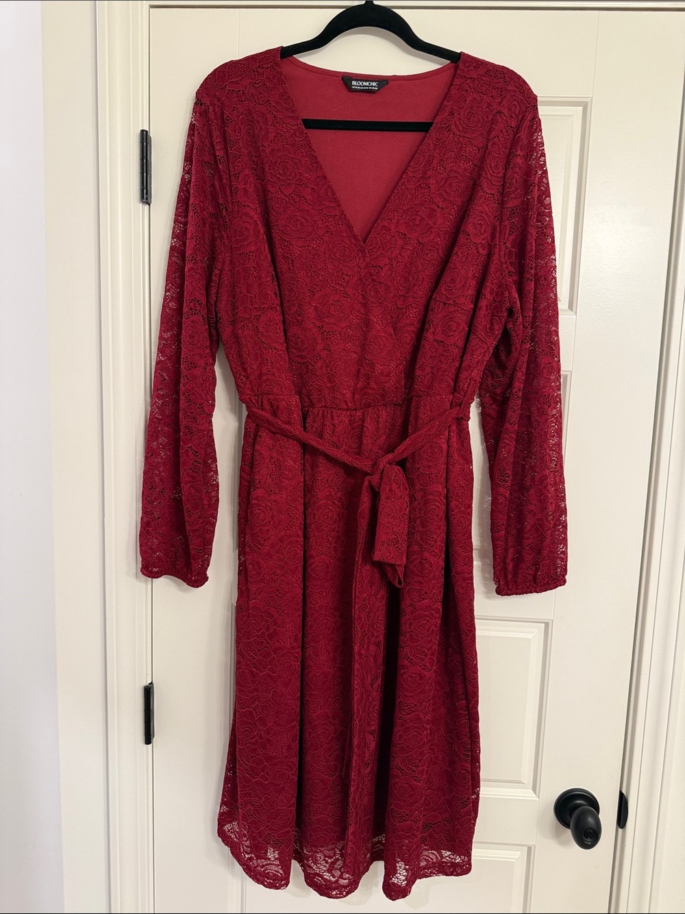 BloomChic Burgundy Lace Wrap Dress with Waist Tie